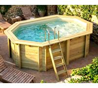 Piscine bois Altanka NEMO octogonale allongée avec plage 4,3 x 3m H 1,31m liner sable, ancrage béton