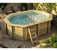 Piscine bois Altanka NEMO octogonale allongée avec plage 4,3 x 3m H 1,31m liner sable, pose sur dalle