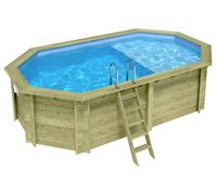 Piscine bois Altanka NEMO octogonale allongée avec plage 5,79 x 3,49m H 1,45m, liner bleu ancrage béton