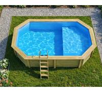 Piscine bois Altanka NEMO octogonale allongée avec plage 5,79 x 3,49m H 1,45m liner bleu, pose sur dalle