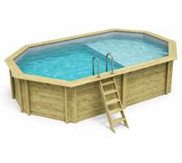 Piscine bois Altanka NEMO octogonale allongée avec plage 5,79 x 3,49m H 1,45m, liner gris ancrage béton