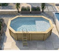 Piscine bois Altanka NEMO octogonale allongée avec plage 5,79 x 3,49m H 1,45m liner gris, pose sur dalle