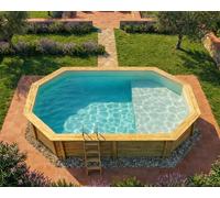 Piscine bois Altanka NEMO octogonale allongée avec plage 5,79 x 3,49m H 1,45m liner sable, pose sur dalle