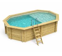 Piscine bois Altanka NEMO octogonale allongée avec plage 5,79 x 3,49m H 1,45m liner sable, sans dalle béton