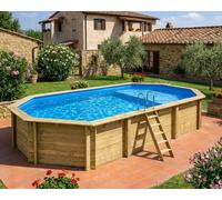 Piscine bois Altanka NEMO octogonale allongée avec plage 7,3 x 3,97m H 1,45m liner bleu, pose sur dalle