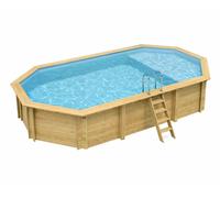 Piscine bois Altanka NEMO octogonale allongée avec plage 7,3 x 3,97m H 1,45m liner bleu, sans dalle béton