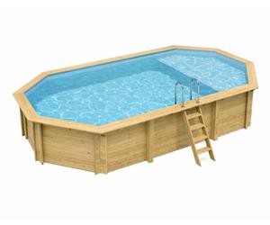 Piscine bois Altanka NEMO octogonale allongée avec plage 7,3 x 3,97m H 1,45m liner bleu, sans dalle béton