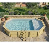 Piscine bois Altanka NEMO octogonale allongée avec plage 7,3 x 3,97m H 1,45m liner gris, ancrage béton