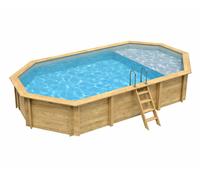 Piscine bois Altanka NEMO octogonale allongée avec plage 7,3 x 3,97m H 1,45m liner gris, sans dalle béton