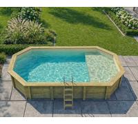 Piscine bois Altanka NEMO octogonale allongée avec plage 7,3 x 3,97m H 1,45m liner sable, pose sur dalle