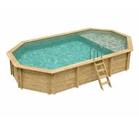 Piscine bois Altanka NEMO octogonale allongée avec plage 7,3 x 3,97m H 1,45m liner sable, sans dalle béton