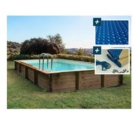 Piscine bois en kit rectangle ""Oceano "" - 9.20 x 5.20 x 1.44 m - Bâche à bulles 400 µ - Bâche hiver 280 g/m²