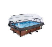 EXIT TOYS Piscine Tubulaire Wood avec Dôme Multifonctionnel - 220x150x65cm - Piscine Hors Sol Rectangulaire avec Pompe Filtrante - Entrée Basse - pour l'eau de la Piscine Propre et Chaude - Marron