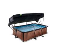 EXIT TOYS Piscine Wood avec Voile d'Ombrage - 220x150x65cm - Piscine Hors Sol Rectangulaire avec Pompe Filtrante à Cartouche - Protection Optimale Contre Les Rayons UV - Entrée Basse - Marron