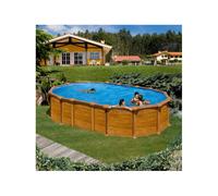 Piscine ovale acier 6,34m x 3,99m x H: 1,32m - Imitation bois - Filtration à sable - SANS Renforts apparents