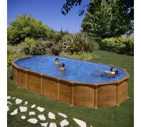Piscine ovale acier 7,44m x 3,99m x H: 1,32m - Imitation bois - Filtration à sable - SANS Renforts apparents