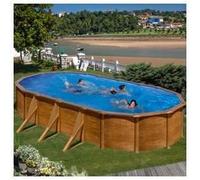 Piscine hors-sol acier ovale GRE - 730x375x120cm - Décor bois marron