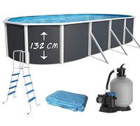 Kit Piscine hors sol ovale TOI 730x366x132 Anthracite Magnum - Filtre à sable 7,9m3-h et skimmer -Liner bleu-Échelle haute-Tapis