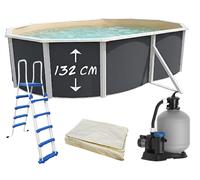 Piscine hors-sol acier Toi ANTHRACITE MAGNUM Secu ovale 550 x 366cm H 132cm liner sable