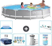 Piscine Intex à cadre prismatique rond - 366 x 76 cm - Gris - fournie avec voile pare-soleil - kit d'entretien - pompe de filtration pour piscine - filtre - bâche de fond - aspirateur