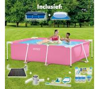 Piscine Intex à cadre rectangulaire - 220 x 150 x 60 cm - rose - fournie avec la couverture - la bâche de fond - la pompe de filtration pour piscine - le tapis solaire - le kit d'entretien - le kit de
