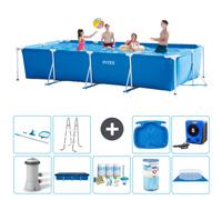 Piscine Intex à cadre rectangulaire - 450 x 220 x 84 cm - bleue - pompe incluse couverture - kit d'entretien - filtre - bâche de fond - kit de nettoyage - échelle