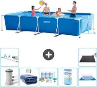 Piscine Intex à cadre rectangulaire - 450 x 220 x 84 cm - bleue - pompe incluse Voile de soleil - kit d'entretien - filtre - bâche de fond - aspirateur - tapis solaire