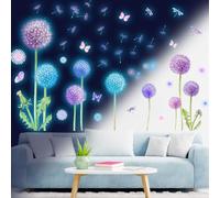 Pissenlit Autocollants Lumineux Stickers Muraux Pissenlit et Papillon Lumineuses Plafond Coloré Pissenlit Fluorescentes Autocollant Chambre de Bébé Salon Cuisine Fenêtre Décoratifs Bleu