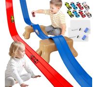 Piste de Course Flexible 15Ft pour Enfants - Piste de Voiture Réenroulable avec 8 Ventouses & 4 Voitures Jouet, Piste de Course Portable Compatible avec Voitures Miniatures 1/64 (Red+Blue)