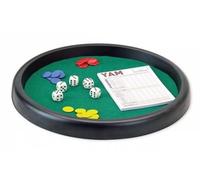 Piste de des Ronde 31 cm Vert et Accessoires Multi Jeux (Bloc Yam, 21 jetons, 5 des) - Plateau Jeu Societe 421 - Set Jouet Francais + Carte
