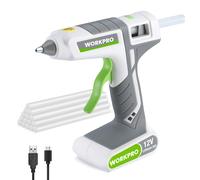 WORKPRO Pistolet à Colle Chaude Sans Fil 12 V avec 15 Bâtons de Colle 200x11mm, Batterie Lithium-ion 2000mAh, Chargement par USB Type C, Indicateur LED, Support de Base, pour Bricolage, Blanc Gris