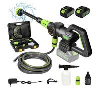Pistolet à Eau Haute Pression sans Brosse 1200W,Nettoyeur Haute Pression sans Fil 3 Vitesses Max.120 Bar avec 2 Batteries 3,0 Ah,Buse 6 en 1,Tuyau 5M,pour Voiture,Jardin et Terrasse (2 Batteries)