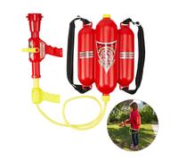 Relaxdays Lance à Eau de Pompier, Lot de 4, 2,5 l de réservoir, 5 m de portée, 2 Fonctions de Jet, Sac à Dos Enfants, Rouge-Jaune