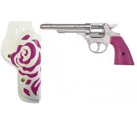 Pistolet Cow Girl métal 22cm + Etui Blanc et Rose - 8 Coups - Set Jeu d'imitation avec Carte Offerte