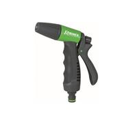 Pistolet d'arrosage à déclenchement frontale. Fabriqué en bi matière : plastique avec poignée en caoutchouc soft-touch.