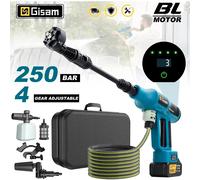 Pistolet de lavage haute pression électrique sans balais Gisam 250 bars, 4 vitesses, pour le lavage domestique et automobile, compatible avec batterie Makita 18V 2 Battery 1 Plug