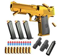 Pistolet Jouet, Armes Jouet, Pistolet pour Enfants avec 50 Billes en Mousse, 32 Cartouches, Silencieux, Lampe Torche, viseur Infrarouge et 3 chargeurs, Desert Eagle, Blaster en Mousse. (Or)