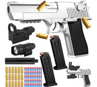 Pistolet Jouet Enfants,Pistolet Jouet avec Balles Souples,EVA Mousse Jouet Blaster,avec 50 Billes en Mousse,24 Cartouches,Silencieux,Viseur Infrarouge,2 Chargeurs,Desert Eagle