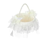 pistro Boîte blanche en dentelle pour demoiselle d'honneur - Panier de mariage élégant avec poignée en perles - En polyéthylène satiné - 16 x 20 cm