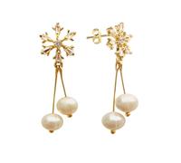 Piswency S925 Boucles d'oreilles flocon de neige en perles d'eau douce plaqué or 18 carats en argent sterling pour femmes et filles Noël Boucles d'oreilles faites à la main, Argent sterling, Perle