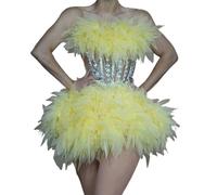 Pitadue Tenues de scène 2 pièces sans manches avec strass et plumes - Ensemble de jupes tube de drag queens - Accessoires photo - Costumes de Drag Queens, jaune, S