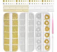 Pitigihe 3 boîtes de perles métalliques pour ongles façon caviar et chaînes à ongles or et argent - Perles rondes de différentes tailles pour ongles acryliques, nail art, bricolage et décorations