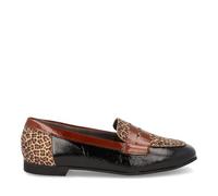 Pitillos Mocassins à pointe fine, Mercedita, cuir, talon bas, simple, manolétine, imprimé animal, léopard, cuir verni pour femme, Noir , 40 EU