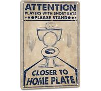 PIUHRKLEVD Hippie Bathroom Decor Vintage Metal Tin Sign Funny Attention Players With Short Bats Stand Closer To Home Plate Toilet Wall-Art 8 X 12 in