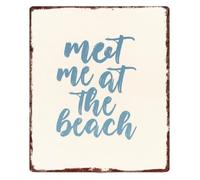 PIUHRKLEVD Oceanfront Meet Me At Beach Metal Sign Wall Hanging 12x8 Inch | Distressed background 4 corner holes wipes clean weatherproof