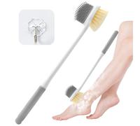 Piuluvor® Brosse à laver les pieds, pour la douche, 35 cm, avec manche long, brosse à doigts avec 1 crochet autocollant, brosse à pieds pour personnes âgées