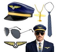 PIUMOJ Accessoires de Costume de Pilote - Comprend un chapeau ajustable, des lunettes de pilote et des insignes - Déguisement d'Halloween rapide pour hommes et femmes