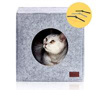 PiuPet® Panier Chat Kallax - Niche Chat en Feutre avec Coussin, 33x33x37cm | Design cubiste gris compatible avec étagère IKEA Expedit. Cabane chat intérieur pour une cachette et un dodo douillet.