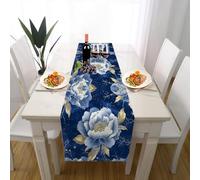 Pivoine Bleue Fleur Chemin de Table Decoration Mariage, Ciel Étoilé Fantaisie Lavable Décoration de Table Cuisine Table Couverture Intérieur Anniversaire Vacances Fête Décor 33 x 183 cm
