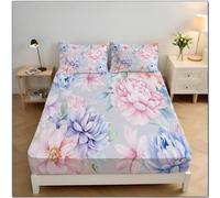 Pivoine Rose Pourpre Drap Housse pour Matelas Epais, Drap Housse Aquarelle Vintage Florale, Antidérapants Résistant Protège Matelas Aux Rides avec 2 Taies d'oreiller (150x200x30cm, Multicolore)